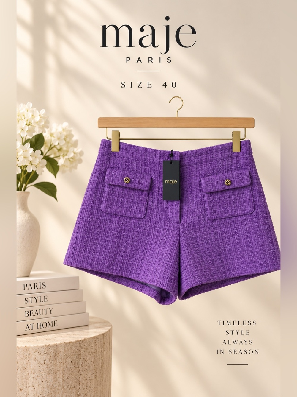 Maje Iapraia Violet Tweed High Rise Shorts Size 40 NWT